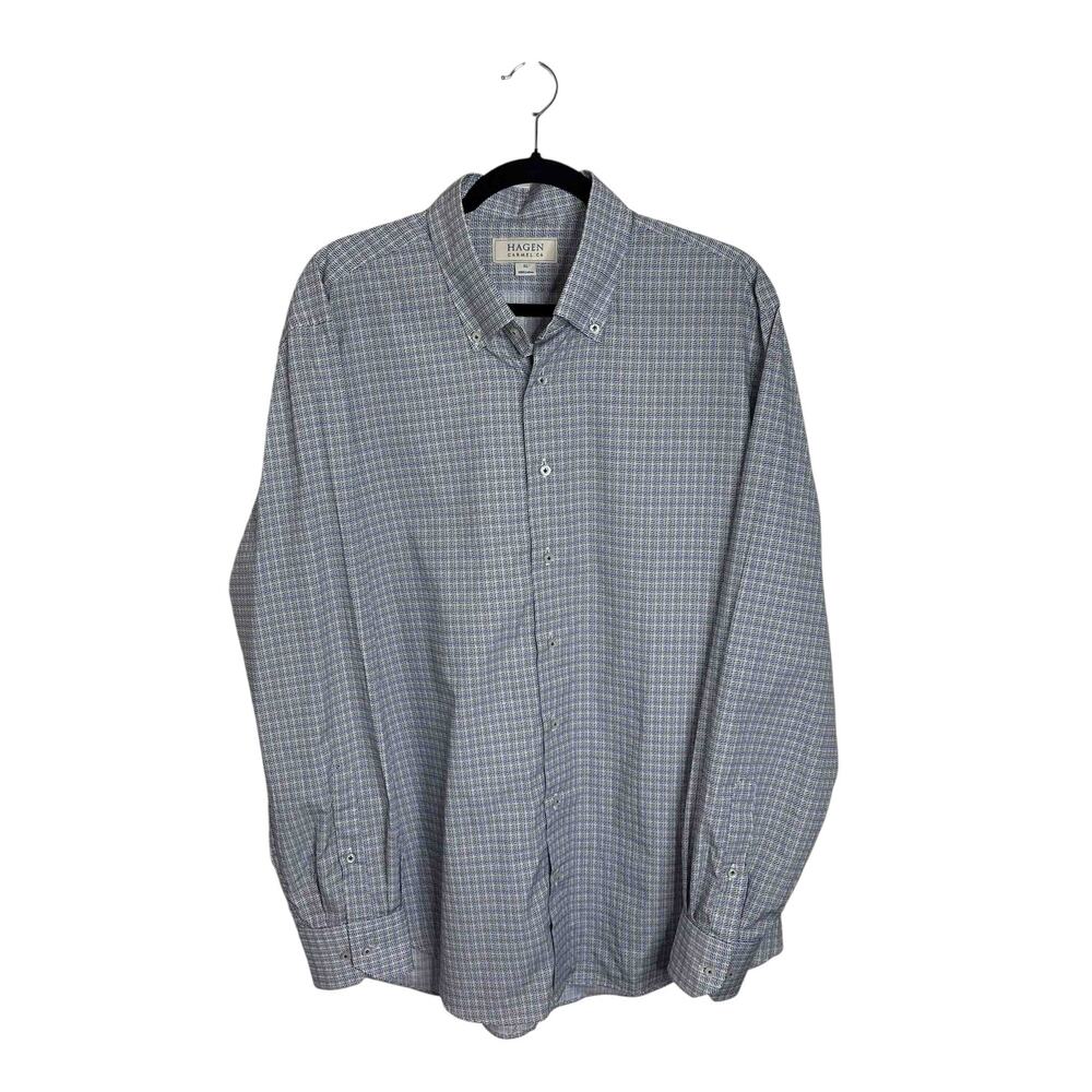 Men's Hagen Button-Down Shirt Blue White Geometric Print 100% Cotton Size XL